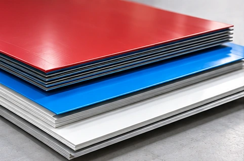 Stack of red, blue and white coated flat steel sheets