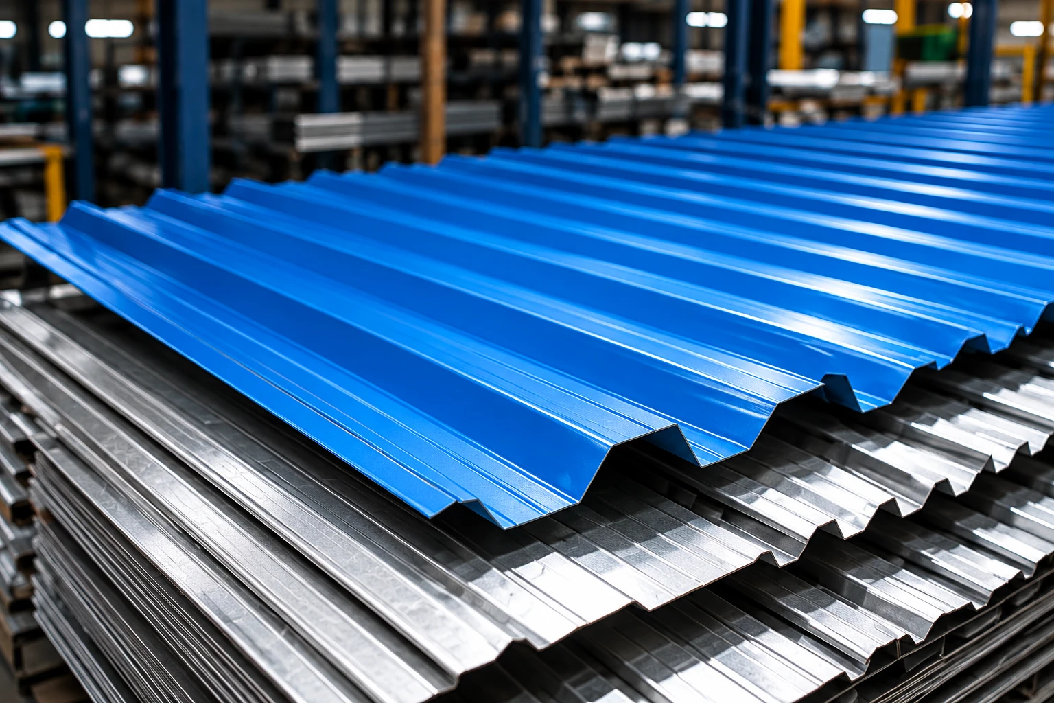 Blue colour profile roofing sheets stacked on silver galvanised sheets